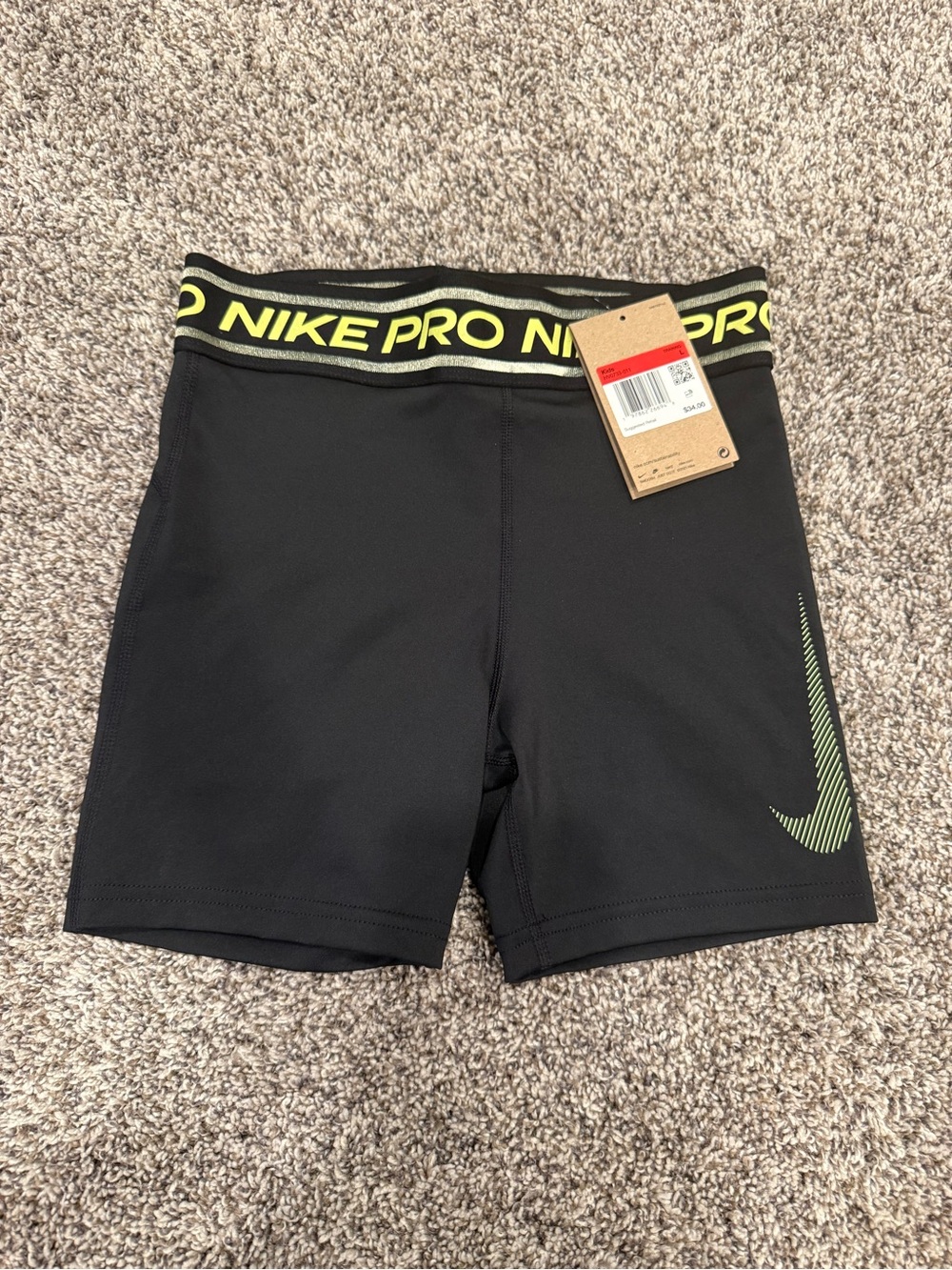Nike Pro Girls Training Shorts Black Volt Logo Compression Shorts Kids Large NWT